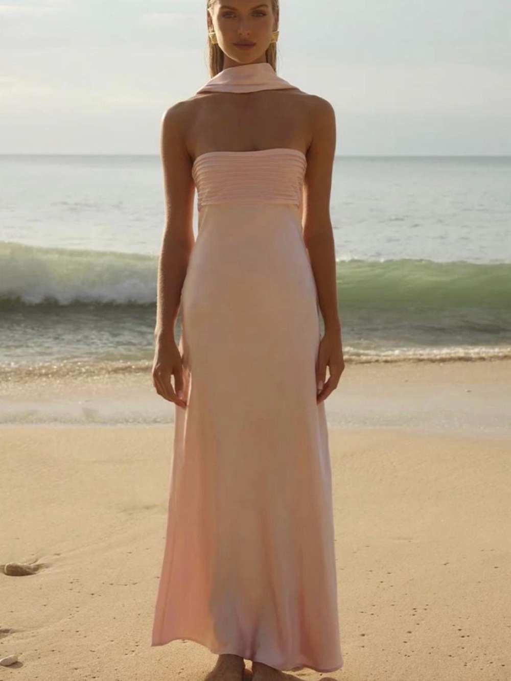 Strapless Peach Maxi Dress with Scarf Detail